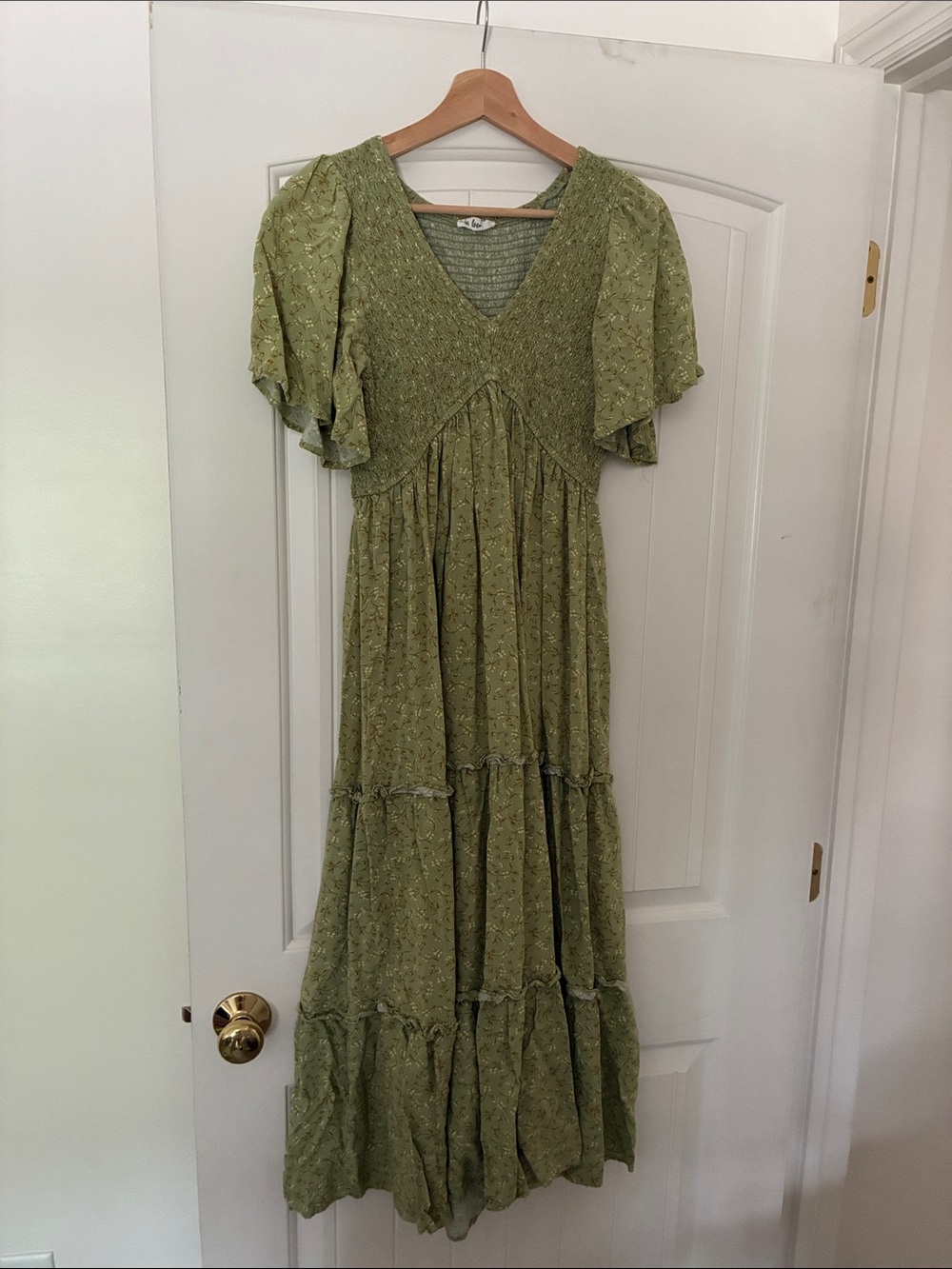 In Bloom Olive-Green Flutter Sleeve Tiered Maxi Dress